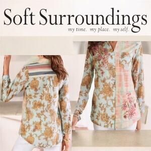 Soft Surroundings Boho Long Line Embroidered Floral Cotton Shirt Tunic Size‎ L